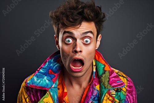 A mans face frozen in a state of disbelief as he reacts with surprise and shock, portrait of young man in colorful clothes with big eyes and open mouth expressing the emotion, AI Generated photo
