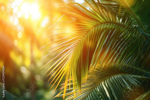 An image of a palm tree in close when the sun is shining. Generative Ai. © Mimix