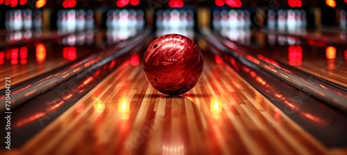 Bowling strike with ball crashing into pins, concept of sport competition or tournament