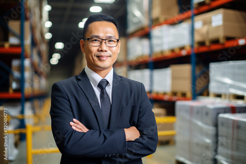 Designed with generative ai technology picture of smiling male supervisor in warehouse