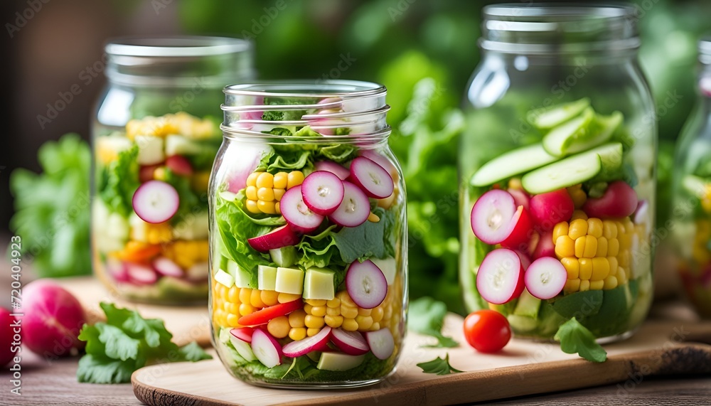 Fresh vegetable salad in a mason jar close-up. Salad of corn, radishes, cucumbers and lettuce in a glass jar. Vegetarian food, healthy diet food.
Fresh vegetable salad in a mason jar close-up. Salad of corn, radishes, cucumbers and lettuce in a glass jar. Vegetarian food, healthy diet food.