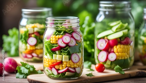 Fresh vegetable salad in a mason jar close-up. Salad of corn, radishes, cucumbers and lettuce in a glass jar. Vegetarian food, healthy diet food. 