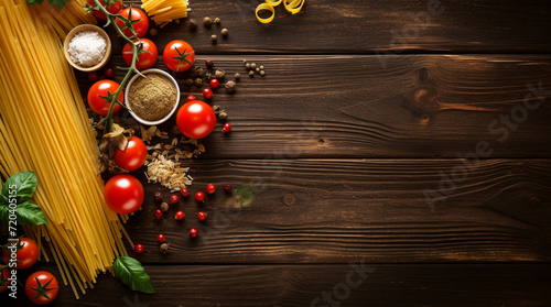  Composition with pasta and cooking ingredients on wood background, top view