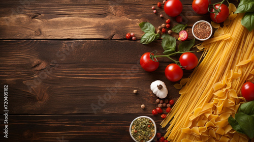  Composition with pasta and cooking ingredients on wood background, top view