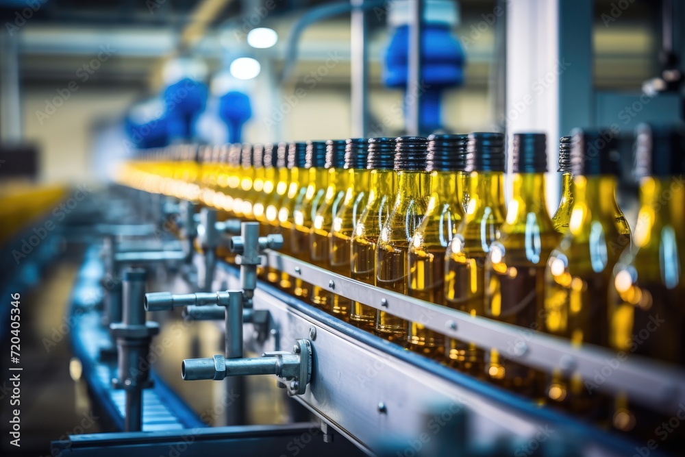 Bottles of wine move in a neat row on a conveyor belt, Process of beverage manufacturing on a conveyor belt at a factory, AI Generated