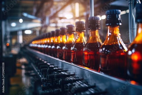 A continuous flow of bottles of beer on a conveyor belt showcasing the automated manufacturing process, Process of beverage manufacturing on a conveyor belt at a factory, AI Generated