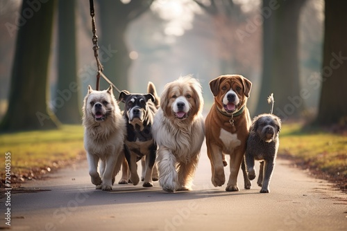 Several dogs of different breeds and sizes walking in a single file down a road, Professional Dog Walkers, Dog Walking Business, Services, AI Generated photo
