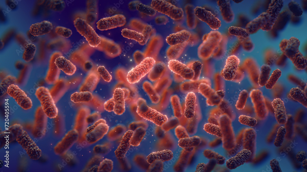 Red Microbes Drug resistant bacteria. Red pathogenic bacteria on dark background ...