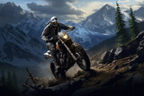 Motocross rider on the rocks in the mountains. Generative Ai
