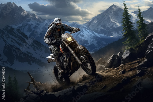 Motocross rider on the rocks in the mountains. Generative Ai