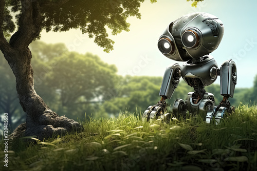 robot sit on the grass in the forest. Generative Ai