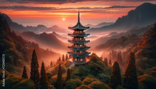 Sunset Serenity at the Ancient Pagoda Amidst Lush Mountains