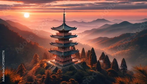 Sunset Serenity at the Ancient Pagoda Amidst Lush Mountains