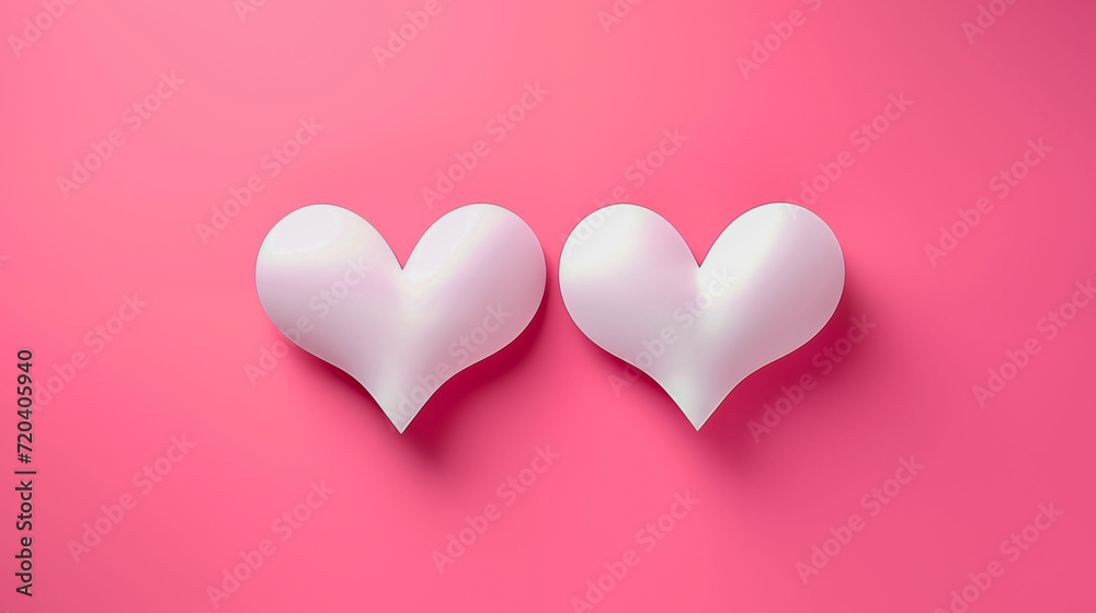 Minimal love composition with two white hearts on pink background 