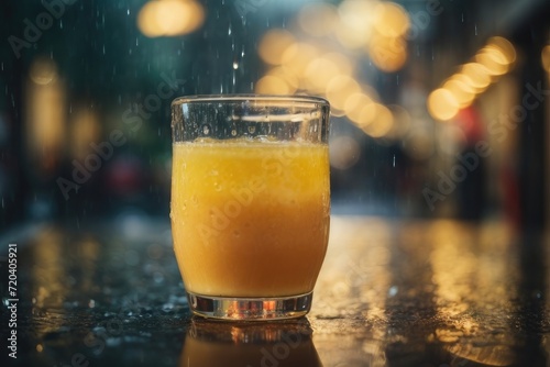 orange juice in a glass on rain background bokeh 