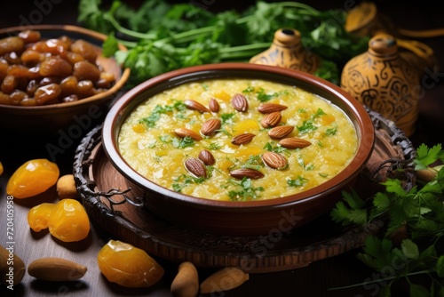 A delicious bowl of food filled with an assortment of nuts sitting on a wooden table, ramadan food also known as kurma, AI Generated