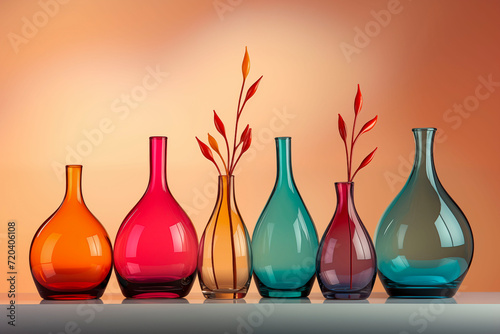 Row of colorful glass vessels of different sizes