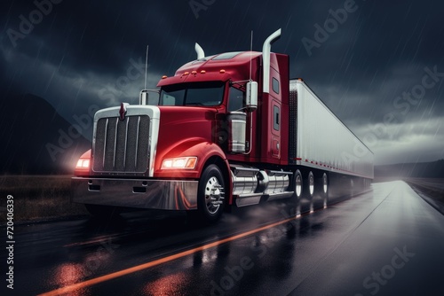 A red semi truck drives down a wet road, creating spray from the rainwater, Red big rig commercial semi truck transporting cargo in dry van semi trailer running on the wet turning road, AI Generated