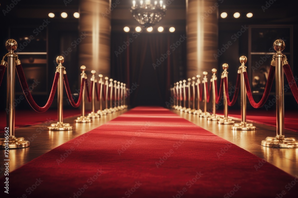Red Carpet With Gold Barriers and Chandelier, A Glamorous Venue Entranceway, Red carpet rolling out in front of glamorous movie premiere background, AI Generated Red Carpet With Gold Barriers and Chandelier, A Glamorous Venue Entranceway, Red carpet rolling out in front of glamorous movie premiere background, AI Generated