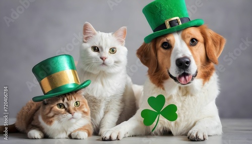cute cat and dog celebrating St. Patrick's Day created with generative ai