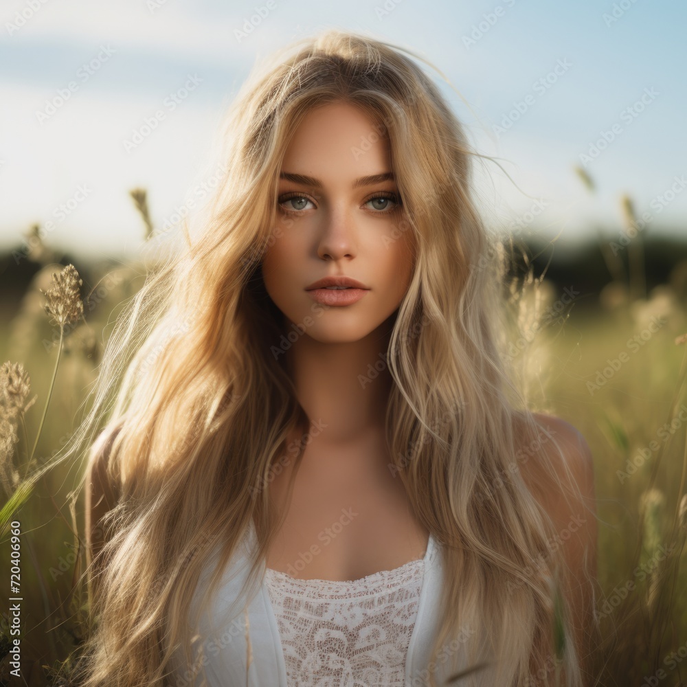 Beautiful woman with long blond hair and bright blue eyes, posing in a picturesque meadow wearing a flowing white dress. Capturing her natural beauty and radiance, this photo portrait evokes a sense Beautiful woman with long blond hair and bright blue eyes, posing in a picturesque meadow wearing a flowing white dress. Capturing her natural beauty and radiance, this photo portrait evokes a sense