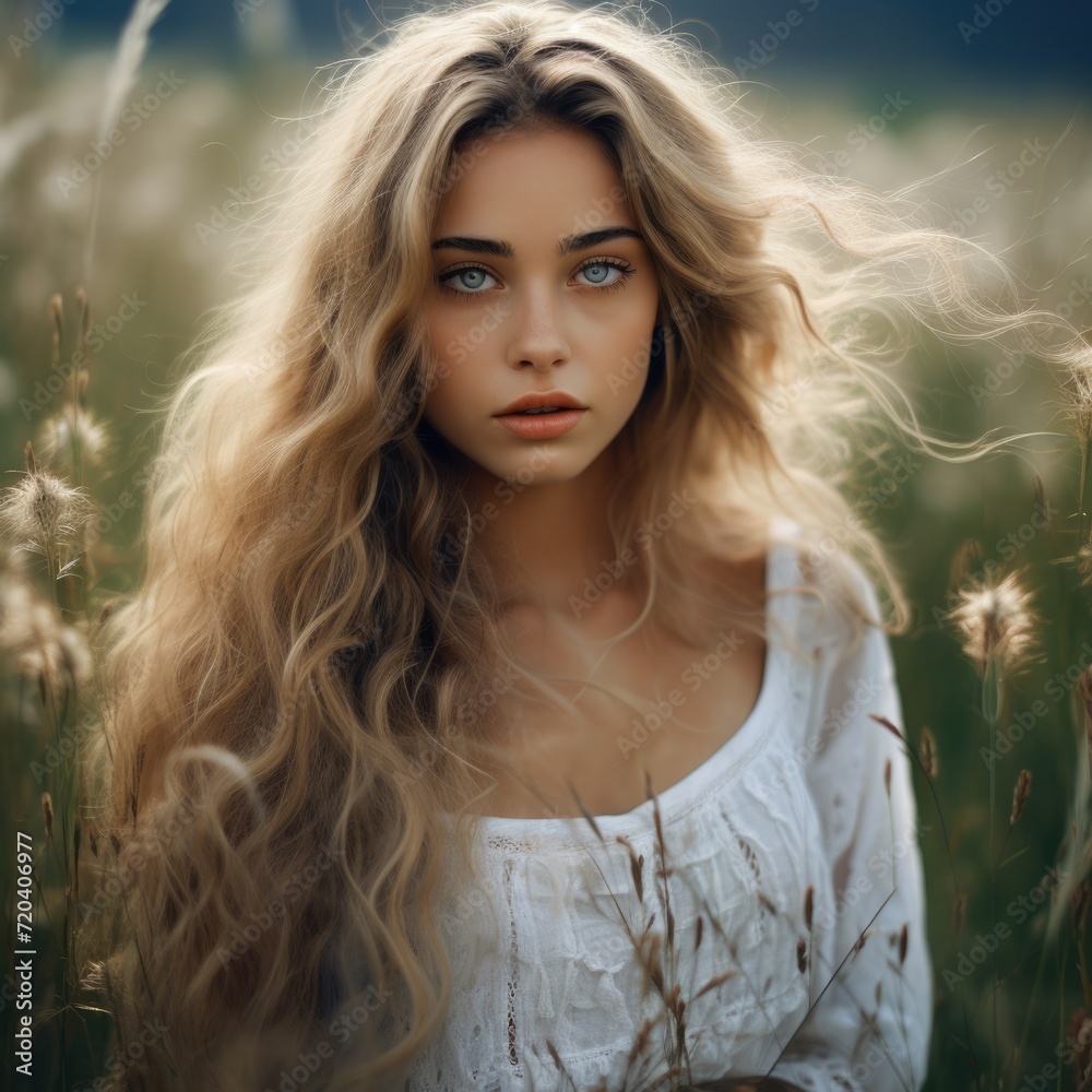 Naklejka premium Beautiful woman with long blond hair and bright blue eyes, posing in a picturesque meadow wearing a flowing white dress. Capturing her natural beauty and radiance, this photo portrait evokes a sense