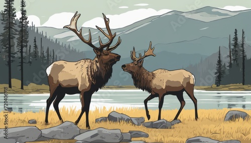 Two elks standing near a lake © vivekFx