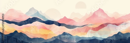 Dry Brush Art of Chinese Mountains - Colored Symphony Surreal Emotional Loose Brushwork - Colorful Watercolor Ink Eastern Minimalism Mountains Background created with Generative AI Technology