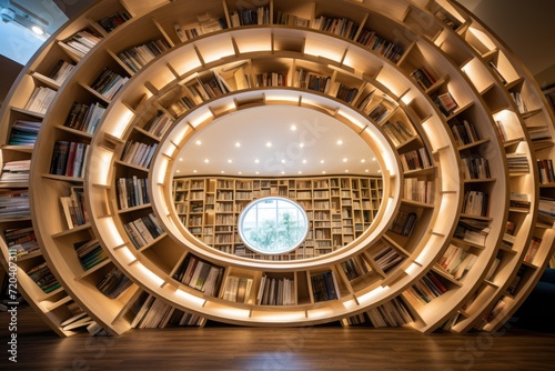A room featuring a circular window and a book shelf filled with a diverse collection of books  Round bookshelf in public library  AI Generated
