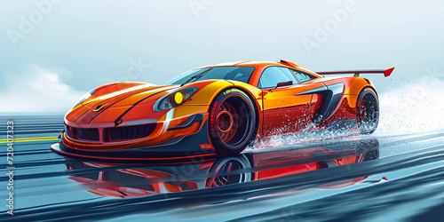 Experience the Thrill: A Dynamic Illustration of a Racing Car Speeding on a Wet Track, Showcasing Power, Speed, and Performance