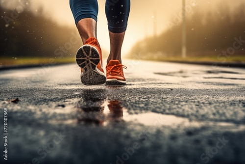 A person braving the rain while jogging on a wet road, taking advantage of the wet weather for an invigorating workout, Runner feet running on road, AI Generated
