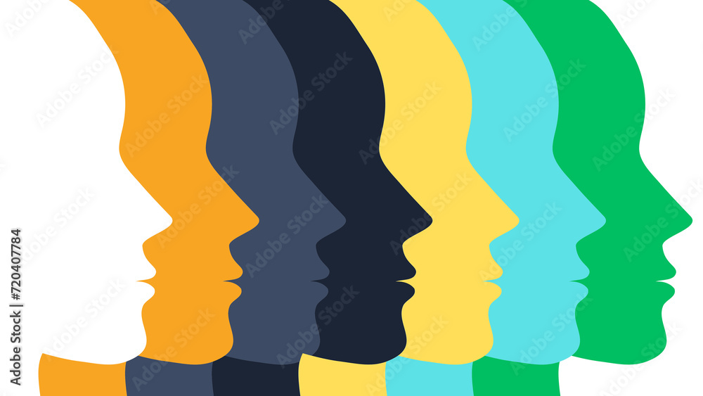 Diversity inclusion equality concept - racial equality, multi ethical, diversity people, woman manpower, empowerment - Group diversity silhouette multiethnic people from the side. Flat vector illusion