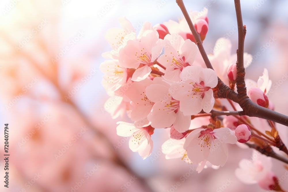 Cherry blossom flowers on bokeh background Banner with flowers on light pink background. Greeting card template for Weddings, mothers or Women's day. Ai generated