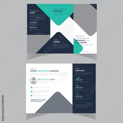 Tri fold brochure design. Teal, orange corporate business template for tri fold flyer. Layout with modern circle photo and abstract background. Creative concept 3 folded flyer or brochure