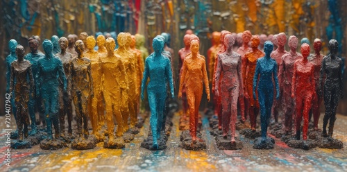 colourful people walking amongst each other, in the style of feminist perspective, dark gold and azure, selective focus, shaped canvas, diorama © Tung's companion