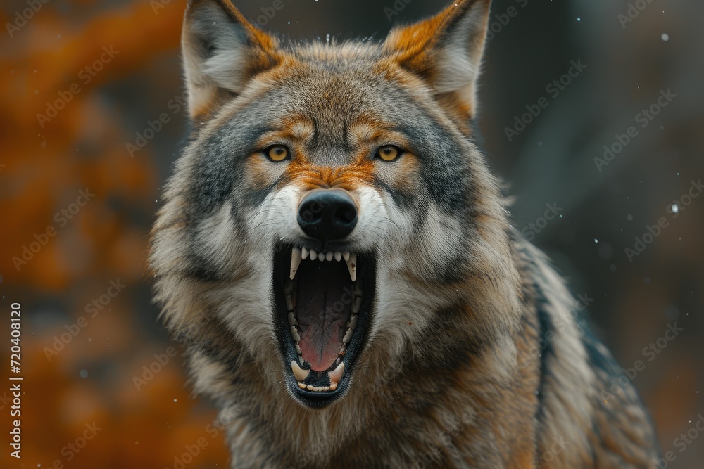 A close-up of a wolf's jaws gaping in its face. Generative Ai.