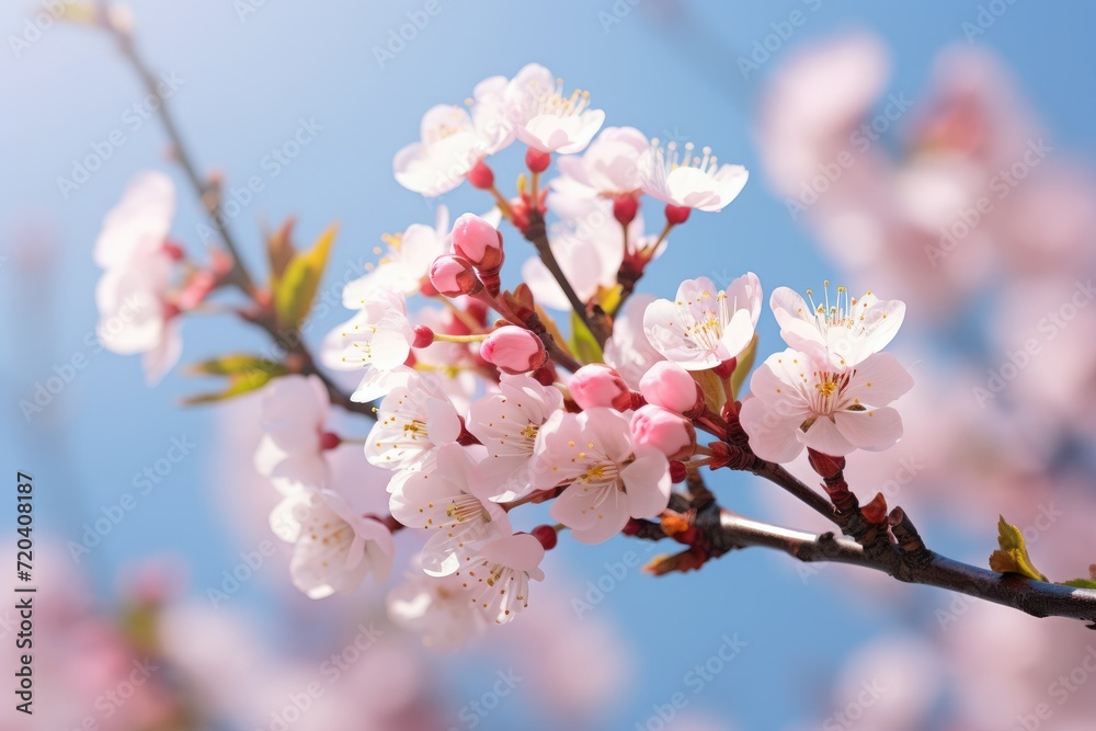 Obraz premium Cherry blossom flowers on bokeh background Banner with flowers on light pink background. Greeting card template for Weddings, mothers or Women's day. Ai generated