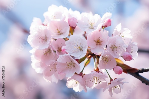 Cherry blossom flowers on bokeh background Banner with flowers on light pink background. Greeting card template for Weddings  mothers or Women s day. Ai generated