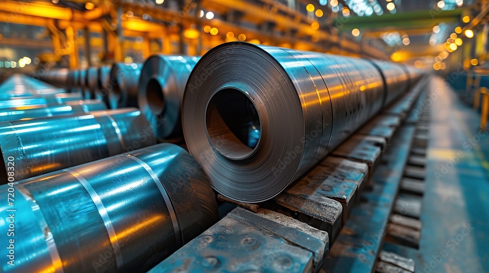 Obraz premium Steel coils rest in tall stacks, spirals of potential that glint in the industrial light