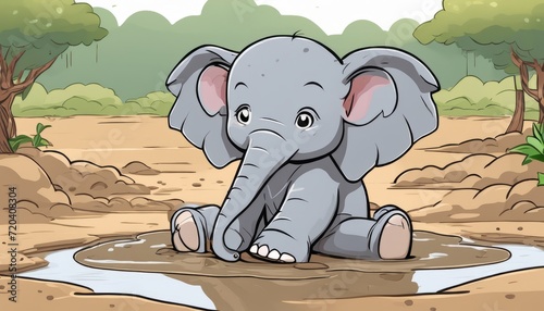 A baby elephant sitting in muddy water