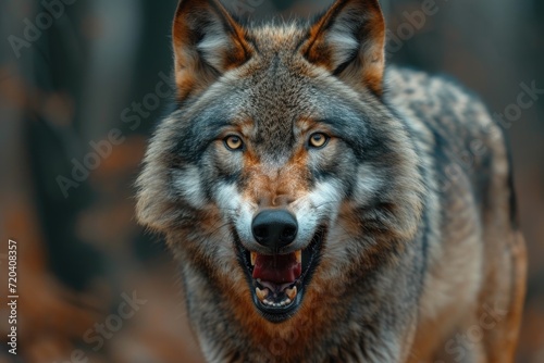 A  close-up of a wolf s jaws gaping in its face. Generative Ai.