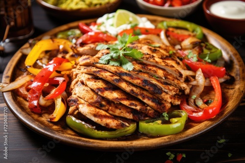 A delicious plate of grilled chicken served with flavorful peppers, onions, and creamy guacamole, segment of a grilled chicken fajita on a plate, AI Generated