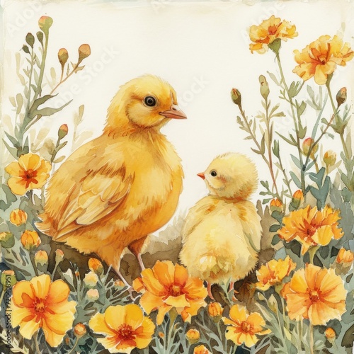 Whimsical Chick Learning to Chirp from Mother Surrounded by Marigolds Generative AI