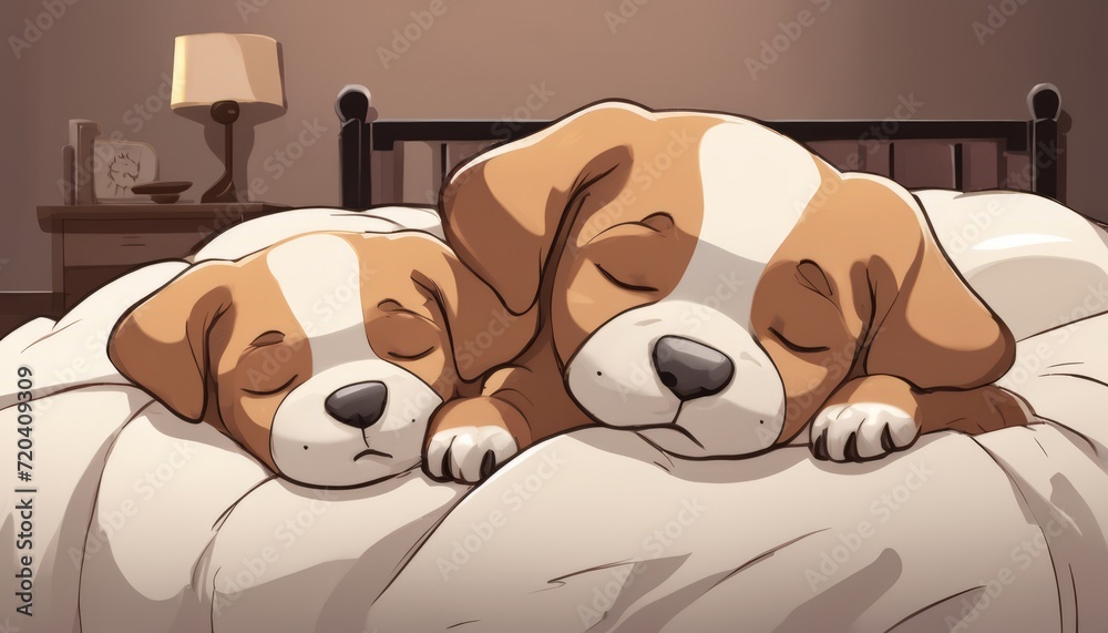 Two brown and white dogs sleeping on a bed Two brown and white dogs sleeping on a bed