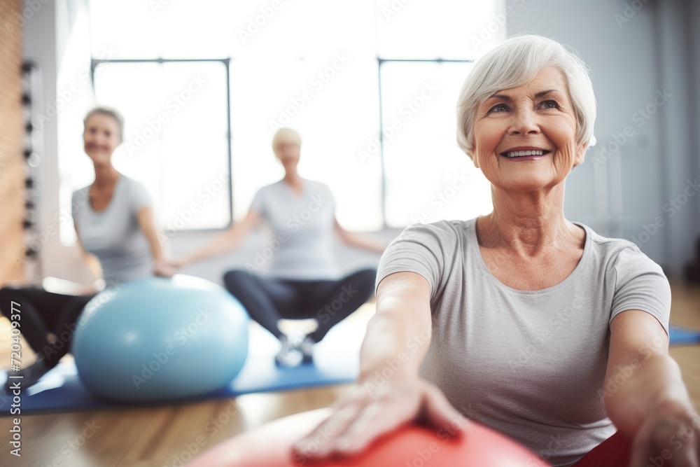 A diverse group of individuals engaged in a yoga session at a fitness center, senior women doing pilates with soft ball lying on back in gym, AI Generated A diverse group of individuals engaged in a yoga session at a fitness center, senior women doing pilates with soft ball lying on back in gym, AI Generated