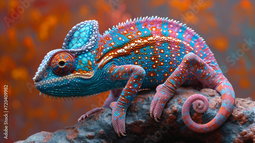 cute print illustration of colorful chameleon relaxing photo