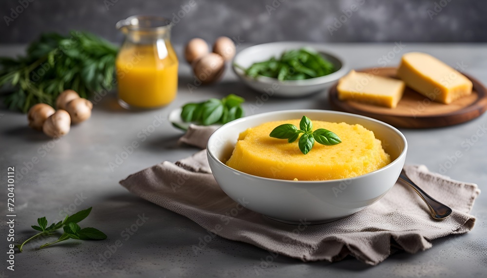 Traditional cooked polenta in a white bowl on a gray concrete table. Italian food.
Traditional cooked polenta in a white bowl on a gray concrete table. Italian food.