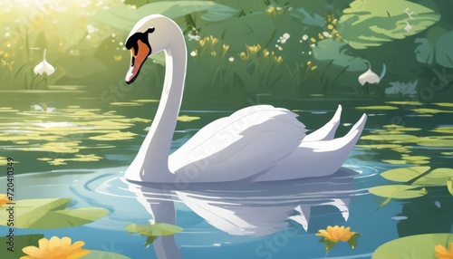 A white swan swimming in a pond photo