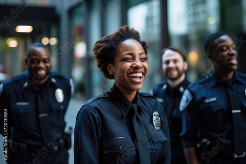 A united group of police officers standing shoulder to shoulder, ready to serve and protect, Smiling black female police officer talking to her colleagues, AI Generated photo