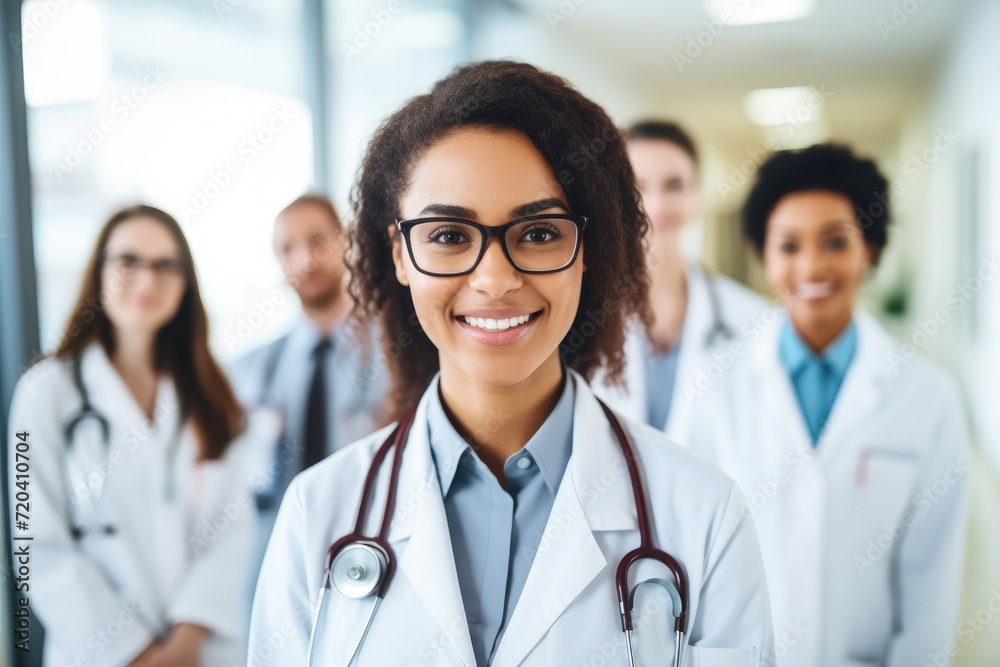 A group of doctors standing together in a hallway, ready to provide medical care in a hospital setting, smiling female doctor standing with medical colleagues in a hospital, AI Generated A group of doctors standing together in a hallway, ready to provide medical care in a hospital setting, smiling female doctor standing with medical colleagues in a hospital, AI Generated